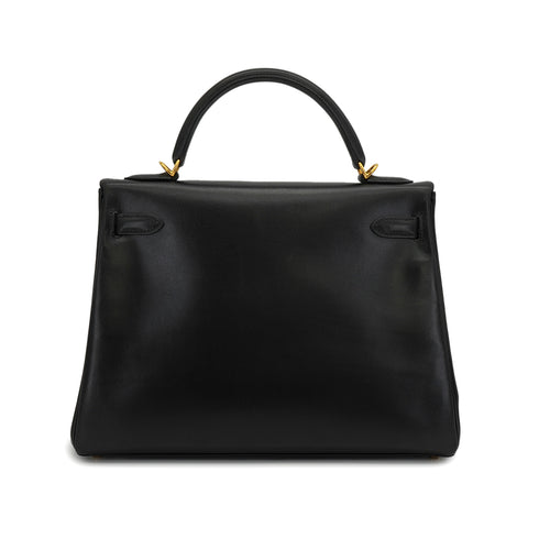 HERMES KELLY 32 RETOURNE BLACK BOX CALF HAND SHOULDER BAG 2001 SQUARE E GOLD HARDWARE 90339637