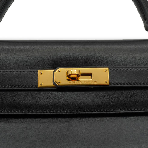 HERMES KELLY 32 RETOURNE BLACK BOX CALF HAND SHOULDER BAG 2001 SQUARE E GOLD HARDWARE 90339637