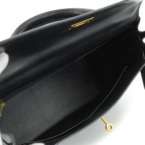 HERMES KELLY 32 RETOURNE BLACK BOX CALF HAND SHOULDER BAG 2001 SQUARE E GOLD HARDWARE 90339637
