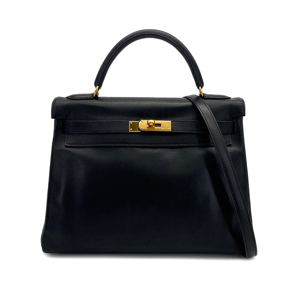 HERMES KELLY 32 RETOURNE BLACK VEAU GULLIVER HAND BAG 1999 SQUARE C GOLD HARDWARE 90322047