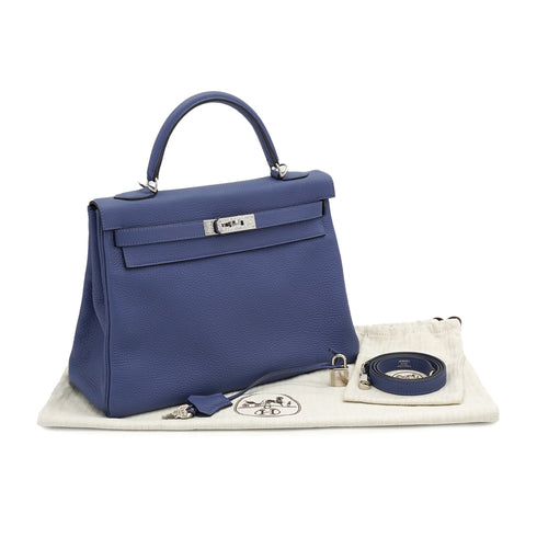 HERMES KELLY 32 RETOURNE BLUE BRIGHTON TAURILLON CLEMENCE HAND SHOULDER BAG 2018 C STAMP PALLADIUM HARDWARE 90331408