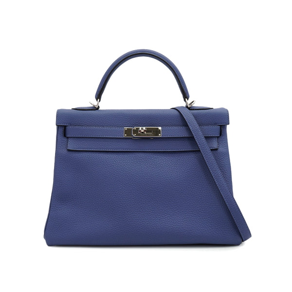 HERMES KELLY 32 RETOURNE BLUE BRIGHTON TAURILLON CLEMENCE HAND SHOULDER BAG 2018 C STAMP PALLADIUM HARDWARE 90331408
