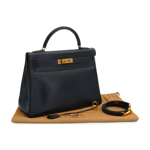 HERMES KELLY 32 RETOURNE BLUE INDIGO BOX CALF HAND SHOULDER BAG 1994 CIRCLE X GOLD HARDWARE 90334265