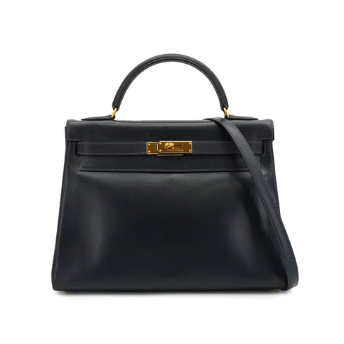 HERMES KELLY 32 RETOURNE BLUE INDIGO BOX CALF HAND SHOULDER BAG 1994 CIRCLE X GOLD HARDWARE 90334265