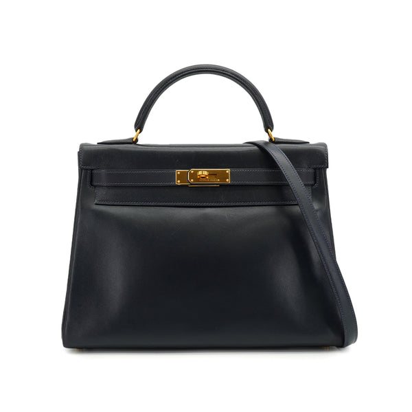 HERMES KELLY 32 RETOURNE BLUE INDIGO BOX CALF HAND SHOULDER BAG 1994 CIRCLE X GOLD HARDWARE 90334265