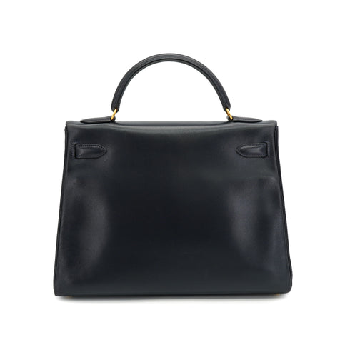 HERMES KELLY 32 RETOURNE BLUE INDIGO BOX CALF HAND SHOULDER BAG 1994 CIRCLE X GOLD HARDWARE 90334265