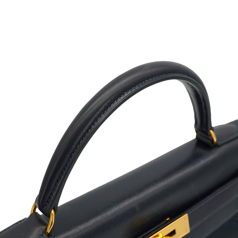 HERMES KELLY 32 RETOURNE BLUE INDIGO BOX CALF HAND SHOULDER BAG 1994 CIRCLE X GOLD HARDWARE 90334265