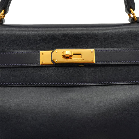 HERMES KELLY 32 RETOURNE BLUE INDIGO BOX CALF HAND SHOULDER BAG 1994 CIRCLE X GOLD HARDWARE 90334265