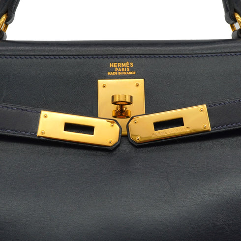 HERMES KELLY 32 RETOURNE BLUE INDIGO BOX CALF HAND SHOULDER BAG 1994 CIRCLE X GOLD HARDWARE 90334265