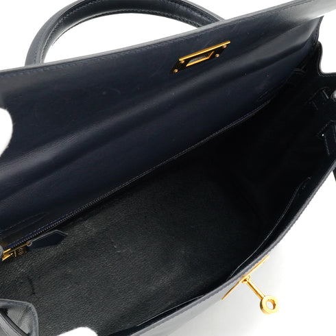 HERMES KELLY 32 RETOURNE BLUE INDIGO BOX CALF HAND SHOULDER BAG 1994 CIRCLE X GOLD HARDWARE 90334265