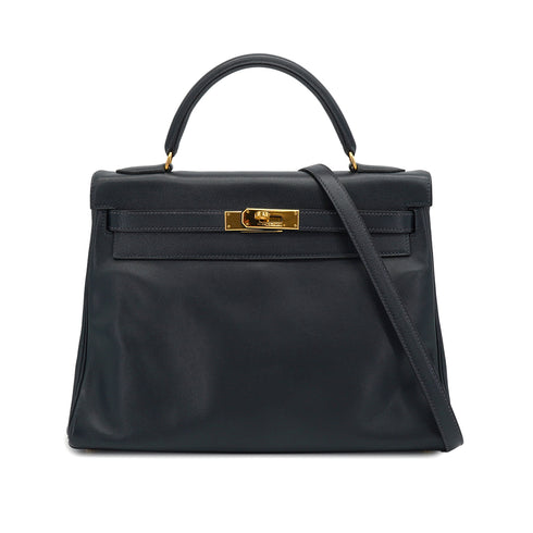 HERMES KELLY 32 RETOURNE BLUE INDIGO VEAU GULLIVER HAND SHOULDER BAG 1997 SQUARE A GOLD HARDWARE 90328921