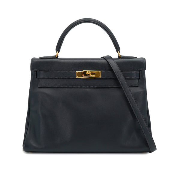 HERMES KELLY 32 RETOURNE BLUE INDIGO VEAU GULLIVER HAND SHOULDER BAG 1997 SQUARE A GOLD HARDWARE 90328921