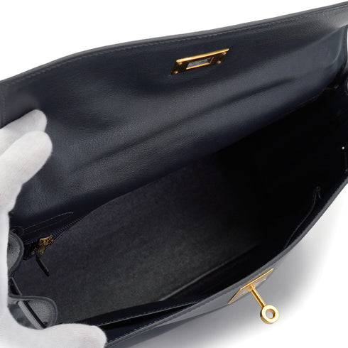 HERMES KELLY 32 RETOURNE BLUE INDIGO VEAU GULLIVER HAND SHOULDER BAG 1997 SQUARE A GOLD HARDWARE 90328921