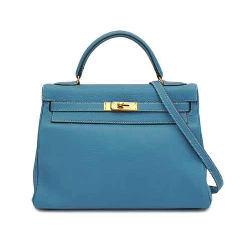 HERMES KELLY 32 RETOURNE BLUE JEAN TAURILLON CLEMENCE HAND SHOULDER BAG 1998 SQUARE B GOLD HARDWARE 90347154
