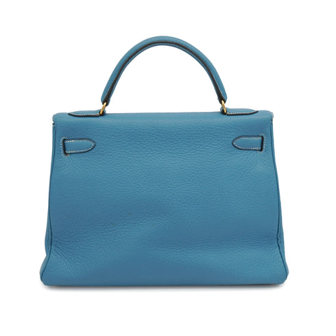 HERMES KELLY 32 RETOURNE BLUE JEAN TAURILLON CLEMENCE HAND SHOULDER BAG 1998 SQUARE B GOLD HARDWARE 90347154