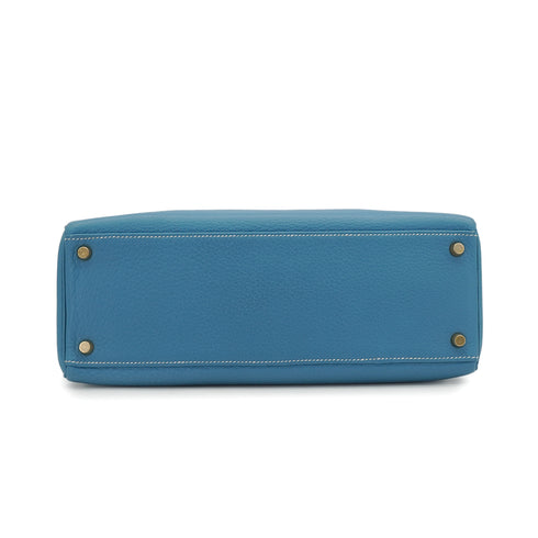 HERMES KELLY 32 RETOURNE BLUE JEAN TAURILLON CLEMENCE HAND SHOULDER BAG 1998 SQUARE B GOLD HARDWARE 90347154