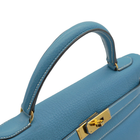 HERMES KELLY 32 RETOURNE BLUE JEAN TAURILLON CLEMENCE HAND SHOULDER BAG 1998 SQUARE B GOLD HARDWARE 90347154