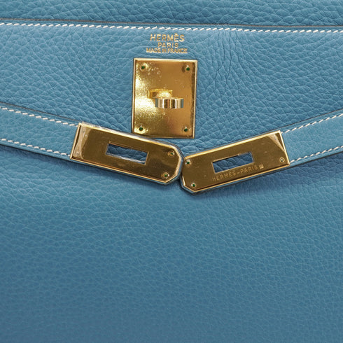 HERMES KELLY 32 RETOURNE BLUE JEAN TAURILLON CLEMENCE HAND SHOULDER BAG 1998 SQUARE B GOLD HARDWARE 90347154