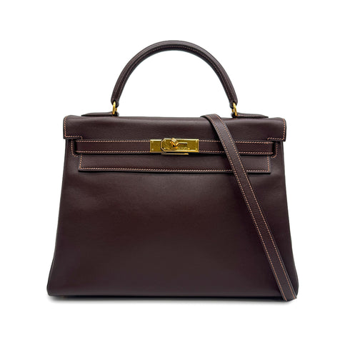 HERMES KELLY 32 RETOURNE CHOCOLAT VEAU GULLIVER HAND SHOULDER BAG 1996 CIRCLE Z GOLD HARDWARE 90328922