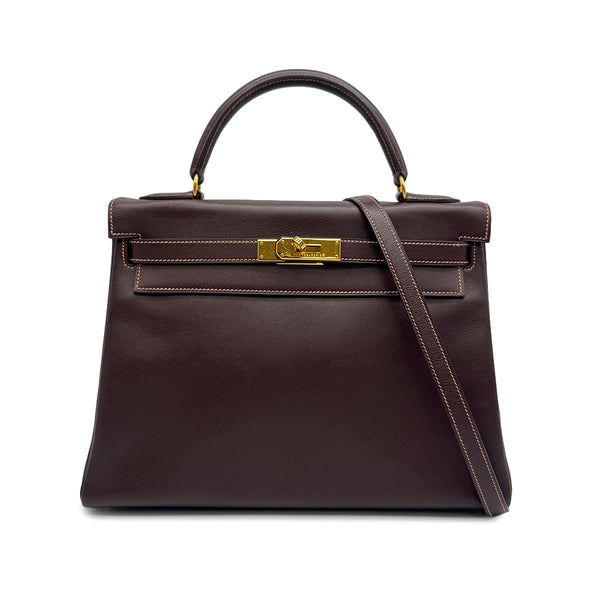 HERMES KELLY 32 RETOURNE CHOCOLAT VEAU GULLIVER HAND SHOULDER BAG 1996 CIRCLE Z GOLD HARDWARE 90328922