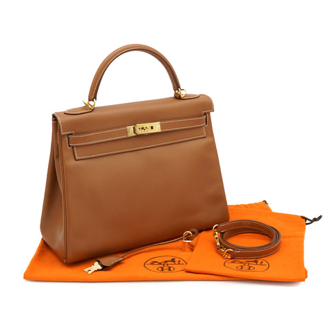 HERMES KELLY 32 RETOURNE GOLD COURCHEVEL HAND SHOULDER BAG 2000 SQUARE D GOLD HARDWARE 90334272