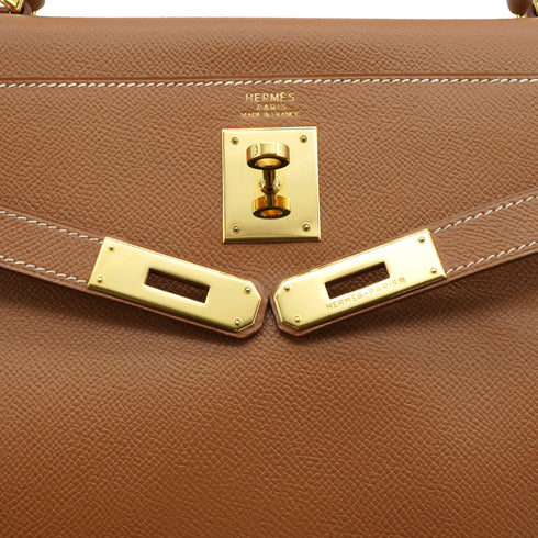 HERMES KELLY 32 RETOURNE GOLD COURCHEVEL HAND SHOULDER BAG 2000 SQUARE D GOLD HARDWARE 90334272