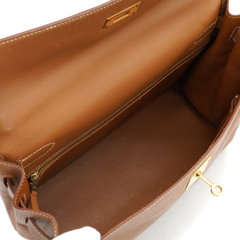 HERMES KELLY 32 RETOURNE GOLD COURCHEVEL HAND SHOULDER BAG 2000 SQUARE D GOLD HARDWARE 90334272