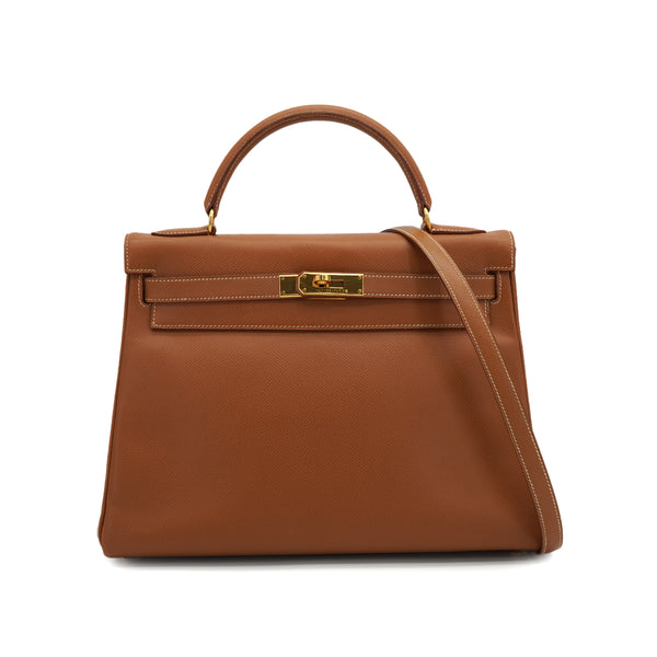 HERMES KELLY 32 RETOURNE GOLD COURCHEVEL HAND SHOULDER BAG 1997 SQUARE A GOLD HARDWARE 90330996