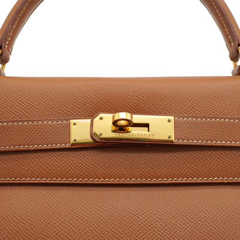 HERMES KELLY 32 RETOURNE GOLD COURCHEVEL HAND SHOULDER BAG 1997 SQUARE A GOLD HARDWARE 90330996