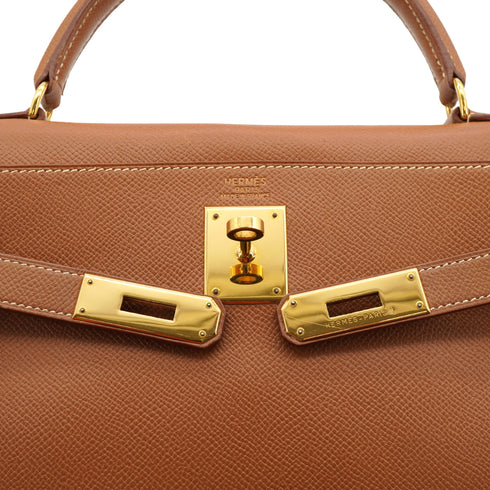 HERMES KELLY 32 RETOURNE GOLD COURCHEVEL HAND SHOULDER BAG 1997 SQUARE A GOLD HARDWARE 90330996