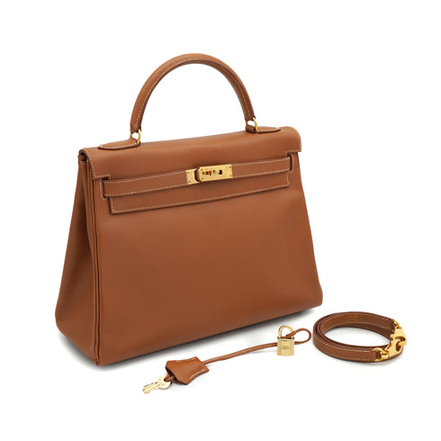 HERMES KELLY 32 RETOURNE GOLD COURCHEVEL HAND SHOULDER BAG 1997 SQUARE A GOLD HARDWARE 90330996