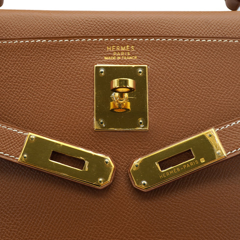 HERMES KELLY 32 RETOURNE GOLD COURCHEVEL HAND SHOULDER BAG 2000 SQUARE D GOLD HARDWARE 90331848