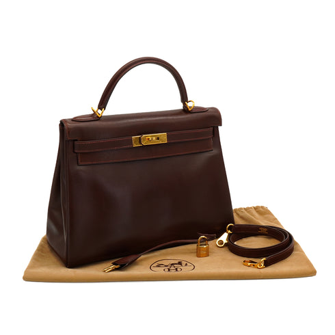 HERMES KELLY 32 RETOURNE MARRON FONCE BOX CALF HAND SHOULDER BAG 2001 SQUARE E GOLD HARDWARE 90345991