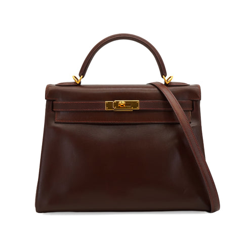 HERMES KELLY 32 RETOURNE MARRON FONCE BOX CALF HAND SHOULDER BAG 2001 SQUARE E GOLD HARDWARE 90345991