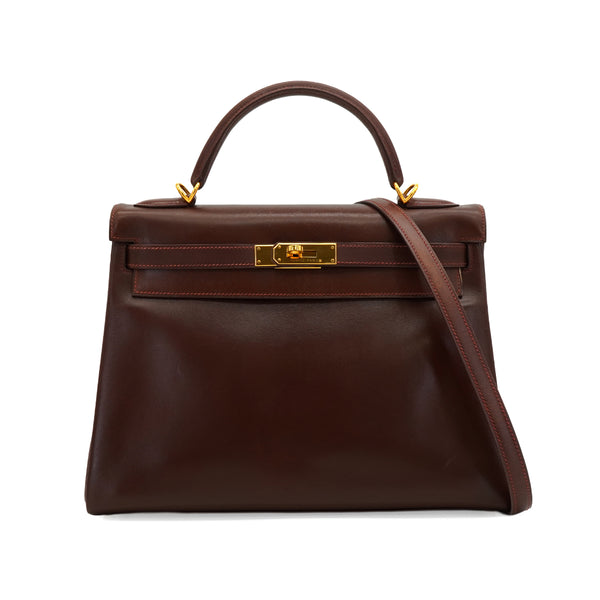 HERMES KELLY 32 RETOURNE MARRON FONCE BOX CALF HAND SHOULDER BAG 2001 SQUARE E GOLD HARDWARE 90345991