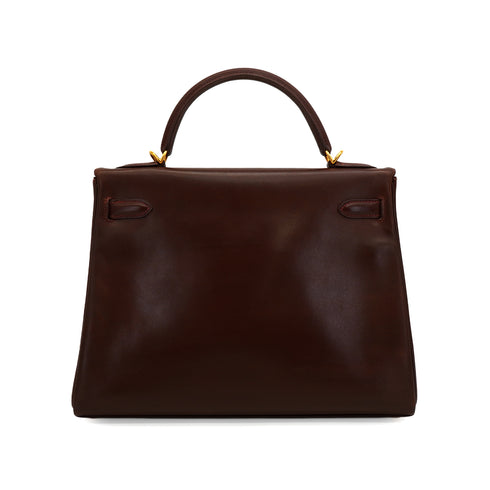 HERMES KELLY 32 RETOURNE MARRON FONCE BOX CALF HAND SHOULDER BAG 2001 SQUARE E GOLD HARDWARE 90345991