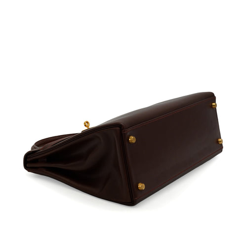 HERMES KELLY 32 RETOURNE MARRON FONCE BOX CALF HAND SHOULDER BAG 2001 SQUARE E GOLD HARDWARE 90345991