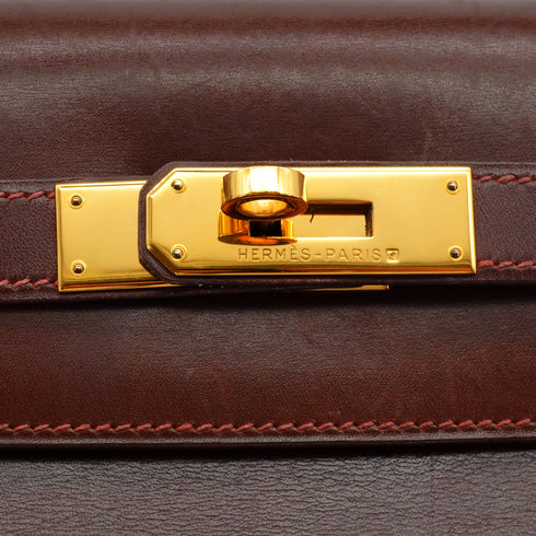 HERMES KELLY 32 RETOURNE MARRON FONCE BOX CALF HAND SHOULDER BAG 2001 SQUARE E GOLD HARDWARE 90345991