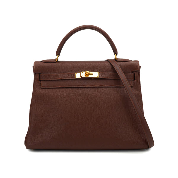 HERMES KELLY 32 RETOURNE MARRON FONCE TOGO HAND SHOULDER BAG 2000 SQUARE D GOLD HARDWARE 90331851