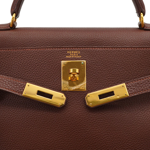 HERMES KELLY 32 RETOURNE MARRON FONCE TOGO HAND SHOULDER BAG 2000 SQUARE D GOLD HARDWARE 90331851