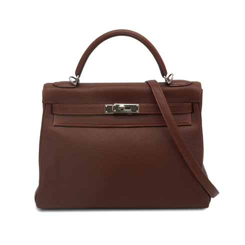 HERMES KELLY 32 RETOURNE MARRON FONCE TOGO HAND SHOULDER BAG 2001 SQUARE E PALLADIUM HARDWARE 90344359