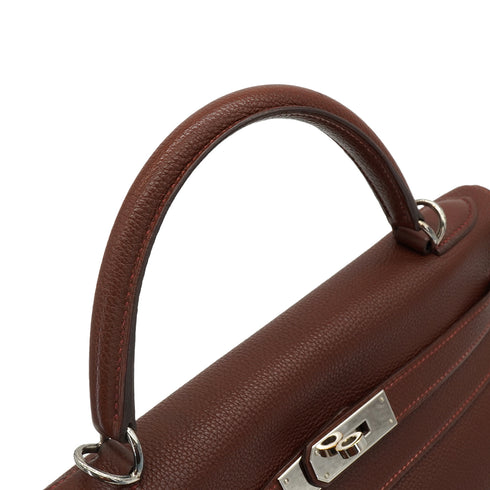 HERMES KELLY 32 RETOURNE MARRON FONCE TOGO HAND SHOULDER BAG 2001 SQUARE E PALLADIUM HARDWARE 90344359