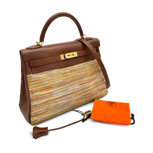 HERMES KELLY 32 RETOURNE NOISETTE BOXCALF VIBRATO HAND SHOULDER BAG 2002 SQUARE F GOLD HARDWARE 90319533