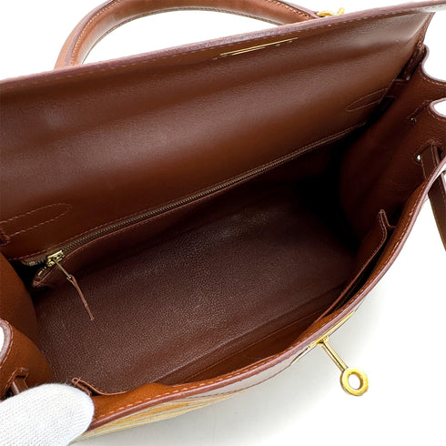 HERMES KELLY 32 RETOURNE NOISETTE BOXCALF VIBRATO HAND SHOULDER BAG 2002 SQUARE F GOLD HARDWARE 90319533