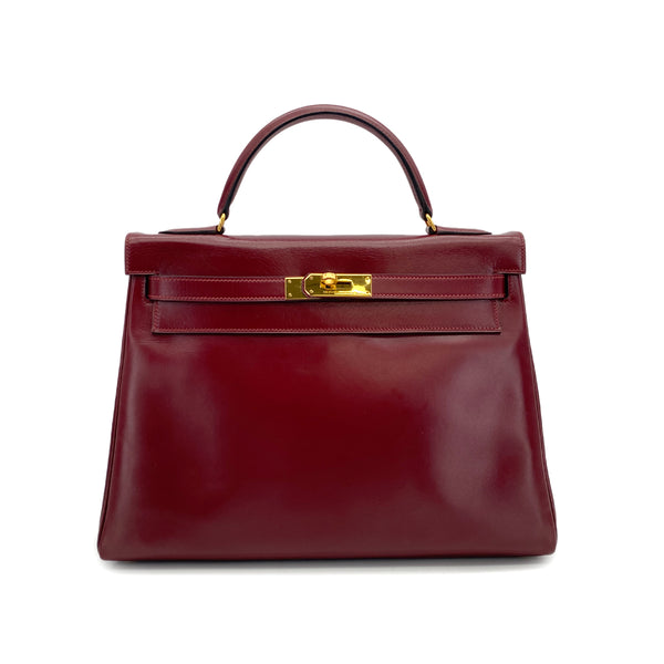 HERMES KELLY 32 RETOURNE ROUGE H BOXCALF HAND BAG 1987 CIRCLE Q GOLD HARDWARE 90317904