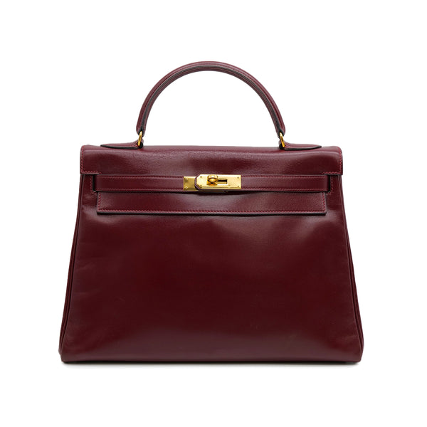HERMES KELLY 32 RETOURNE ROUGE H BOXCALF HAND BAG 1989 CIRCLE S GOLD HARDWARE 90314363