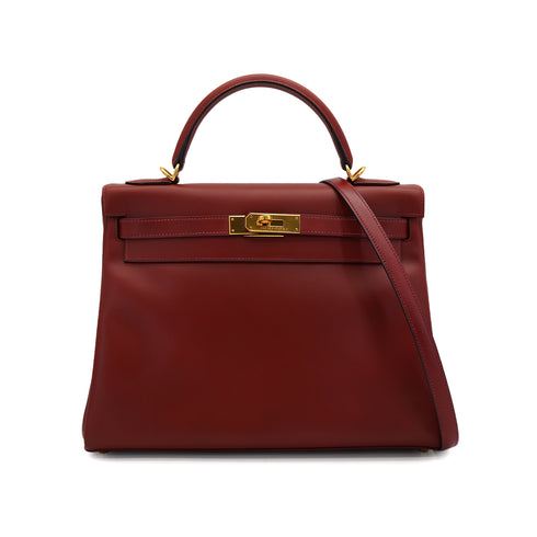 HERMES KELLY 32 RETOURNE ROUGE H BOX CALF HAND SHOULDER BAG 2000 SQUARE D GOLD HARDWARE 90331442