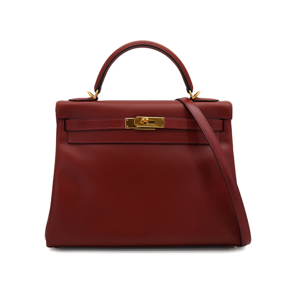 HERMES KELLY 32 RETOURNE ROUGE H BOX CALF HAND SHOULDER BAG 2000 SQUARE D GOLD HARDWARE 90331442
