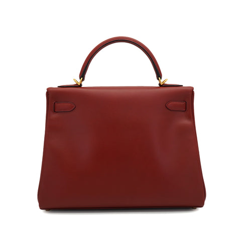 HERMES KELLY 32 RETOURNE ROUGE H BOX CALF HAND SHOULDER BAG 2000 SQUARE D GOLD HARDWARE 90331442