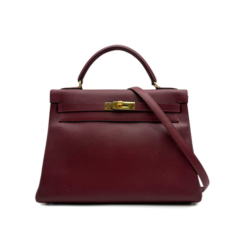 HERMES KELLY 32 RETOURNE ROUGE H COUCHEVEL HAND SHOULDER BAG 1994 CIRCLE X GOLD HARDWARE 90313414